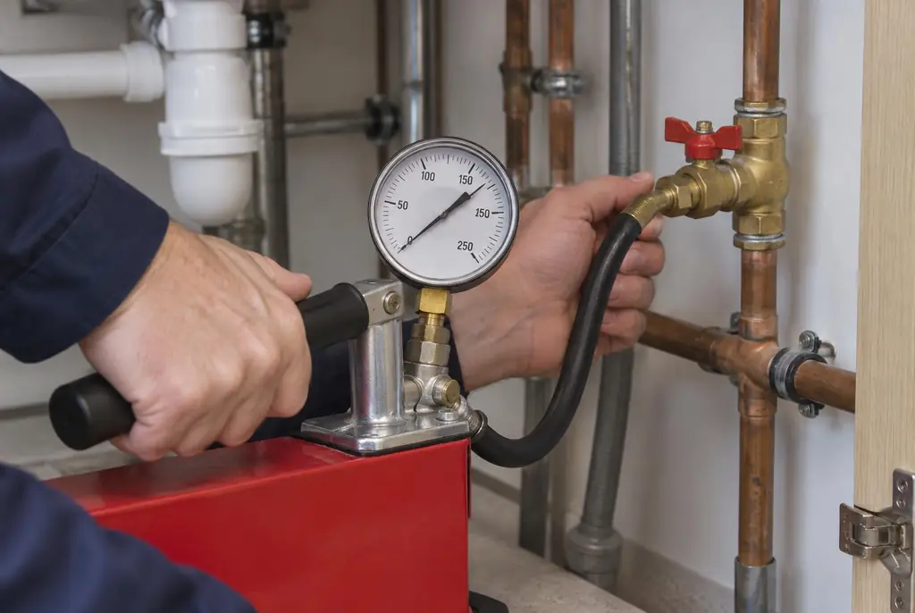 Lekdetectie Austerlitz – druktest op een waterleiding met een manometer
