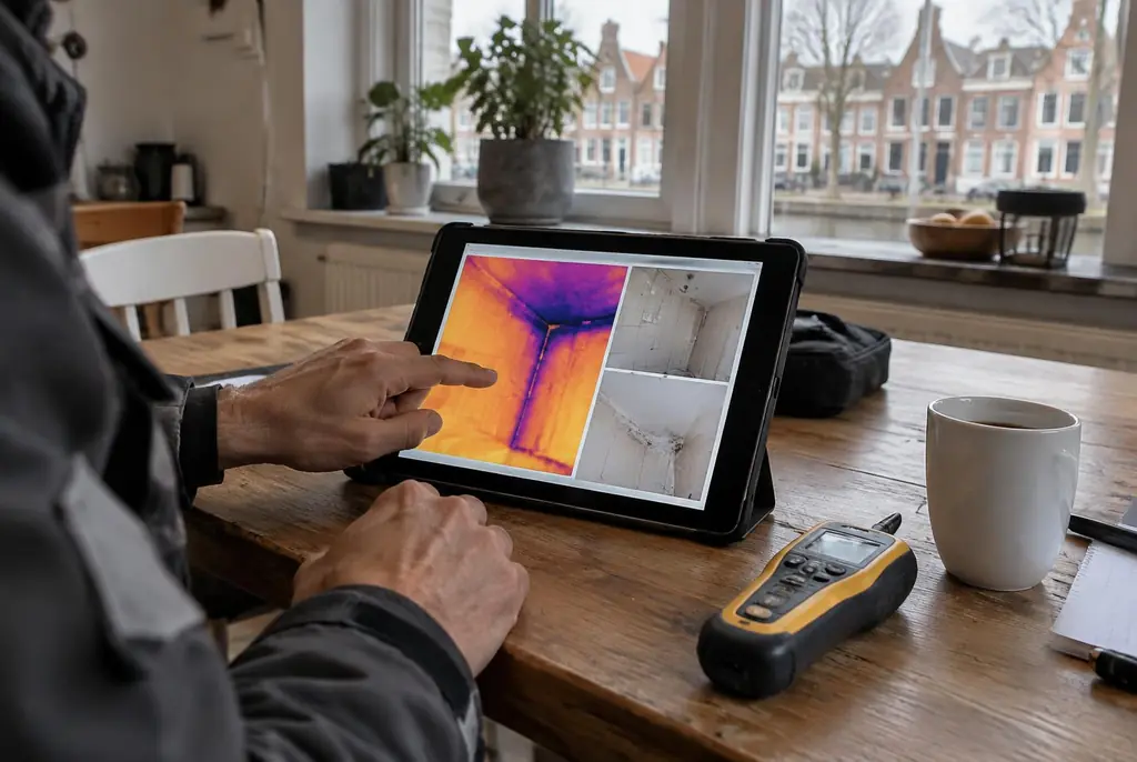 Lekdetectie Austerlitz – lekdetectierapport met warmtebeelden en foto's op een tablet
