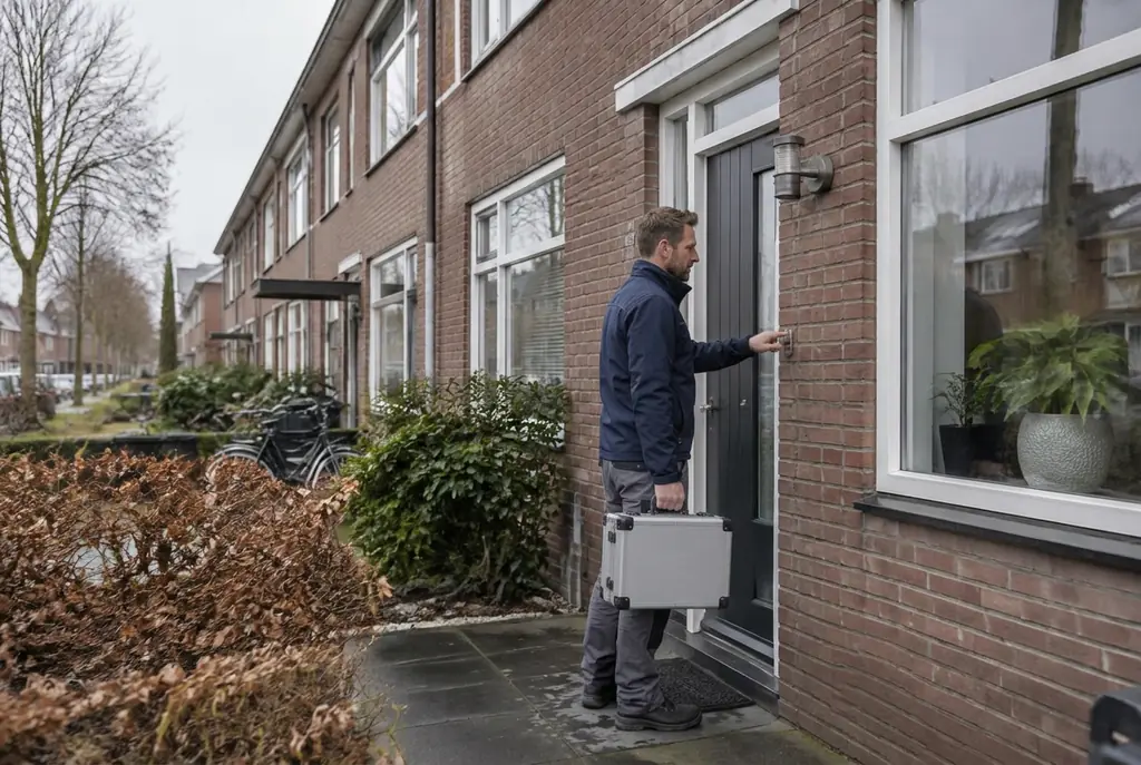 Lekdetectiespecialist met meetkoffer bij de voordeur van een woning in Austerlitz